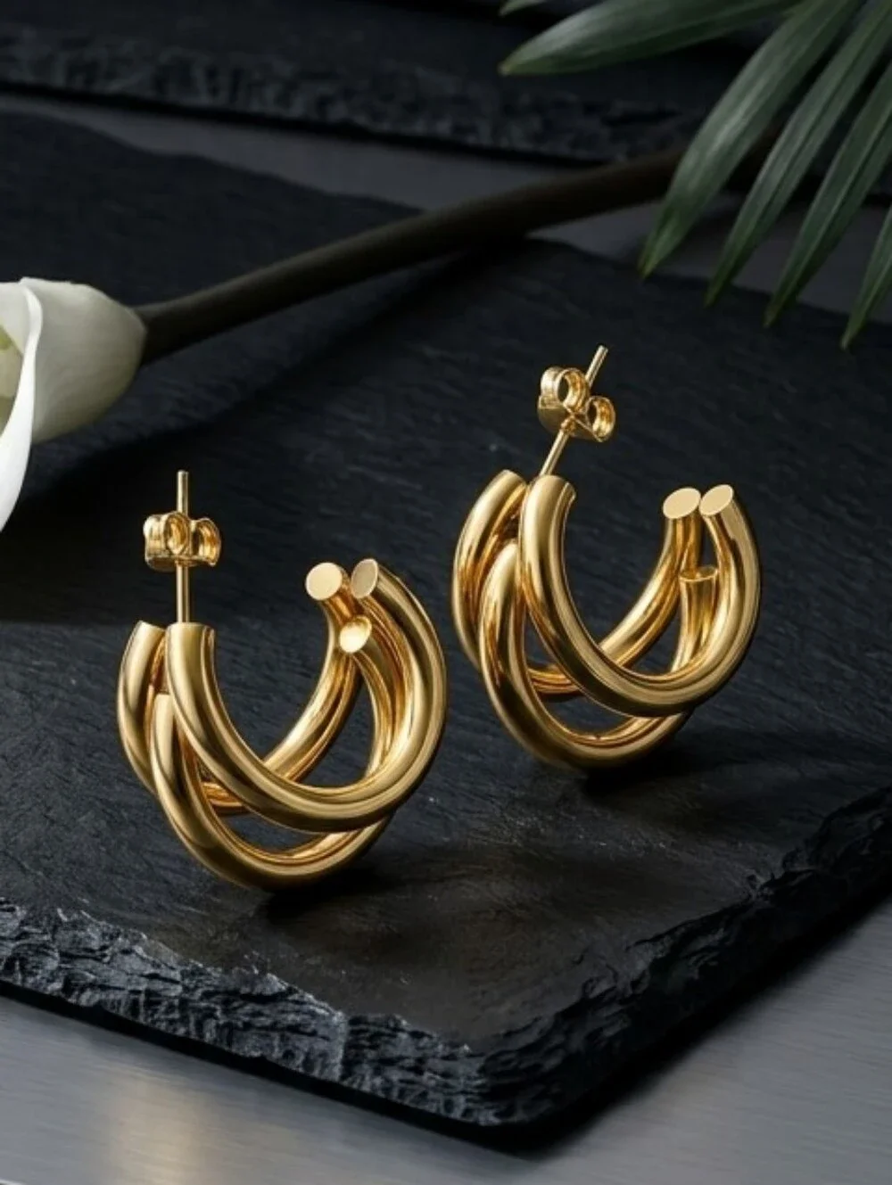 18K Gold Plated Chunky Triple Hoop Earrings Sculptural Clean Girl 0.8